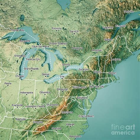 North East Region Usa 3d Render Topographic Map Color Border Cit