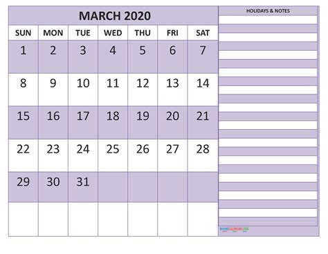 Free March 2020 Monthly Calendar Template Word