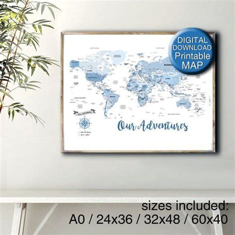 Printable World Map Blue World Map Download Travel Map A0 24x36