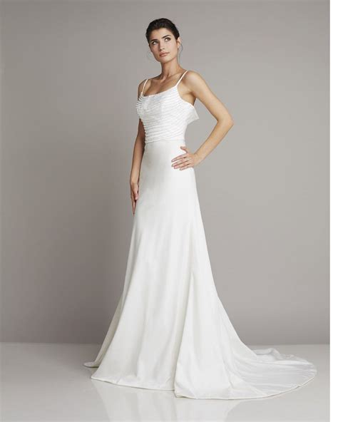 Slim Straight Wedding Dress Of Silk With Spaghetti Straps And Beautiful