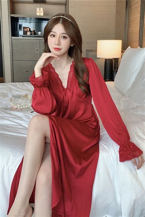 Satin Silk Women Sleepwear Spring New Long Sleeve Nightdress Sexy Lace