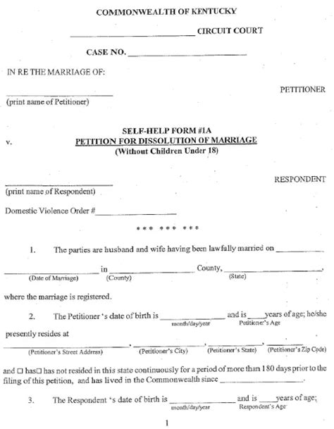 Free Kentucky Divorce Forms Printable Pdf And Word