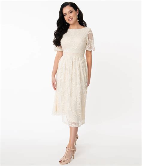 Unique Vintage Off White Lace Andie Midi Dress In 2021 Half Sleeve