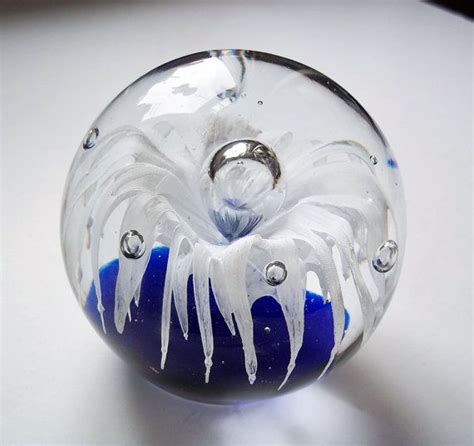 Vintage Blue And White Art Glass Paperweight Controlled Bubble