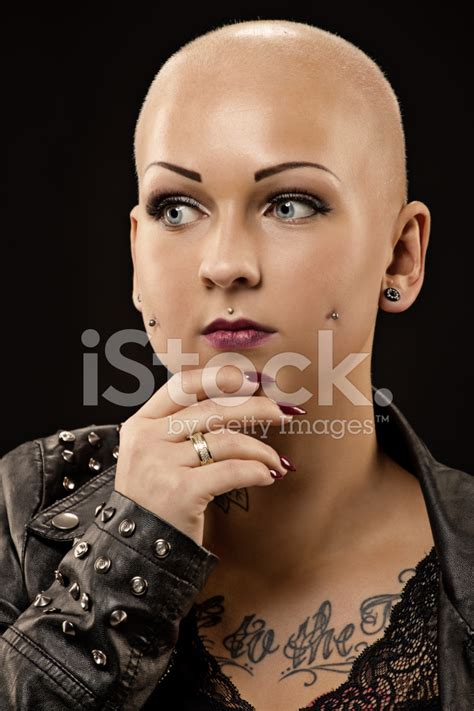 Close Up Of Shaved Head Woman With Tattoos Stock Photo Royalty Free
