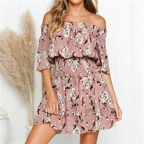 Sexy Women Off Shoulder Summer Dress Ruffles Floral Print Short Sleeve Ruched Party Mini Dresses