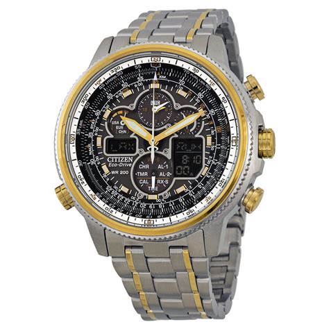 Citizen Navihawk A T Eco Drive Black Dial Two Tone Stainless Steel