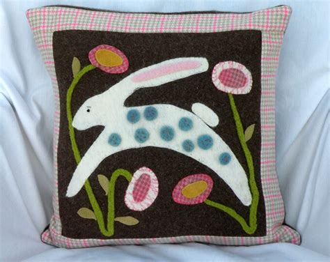 Wool Rabbit Applique Pillow Prim Rabbit Pillow Down Feather Etsy