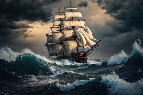 Sailing Ship In Rough Sea With Waves Sailing In A Storm Stock Image