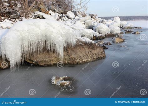 Icicles On A Stone On A Freezing River Stock Image Image Of