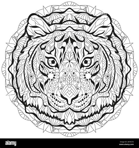 Zentangle Tiger Head With Mandala Hand Drawn Decorative Vector