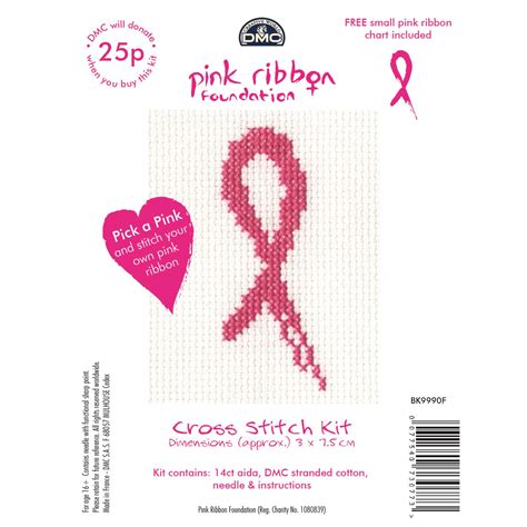 This cross stitch kit contains presorted thread, 14 count white aida fabric, needle, black and white chart, and instructions. DMC Mini Cross Stitch Kits Pink Ribbon Foundation Hearts ...