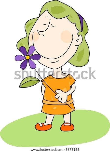 Little Girl Smelling Flower Stock Illustration 5678155
