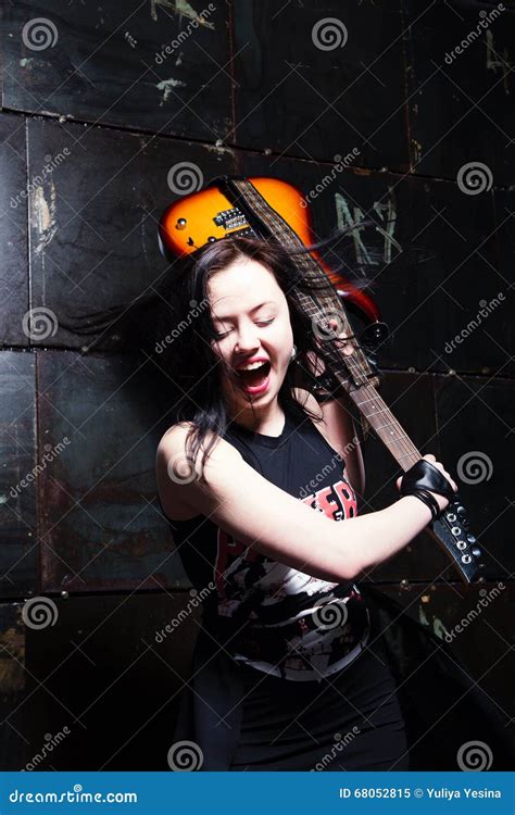 Girl Smashing Guitar Stock Image Image Of Angry Brunette 68052815