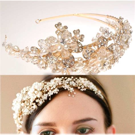 gold flower bridal wedding brides pearl rhinestone crystal tiara headband on storenvy