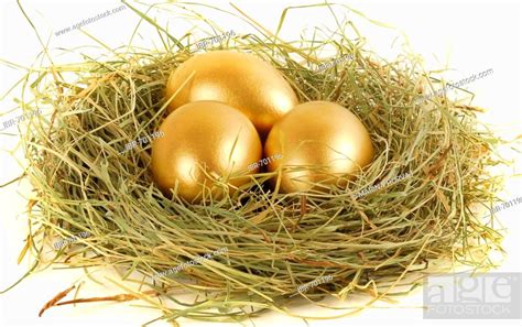 Three Golden Eggs In An Easter Nest Stock Photo Picture And Rights