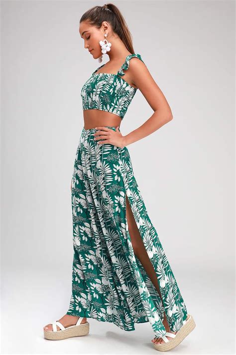 Sol Mates Green Tropical Print Wide Leg Two Piece Jumpsuit Two Piece