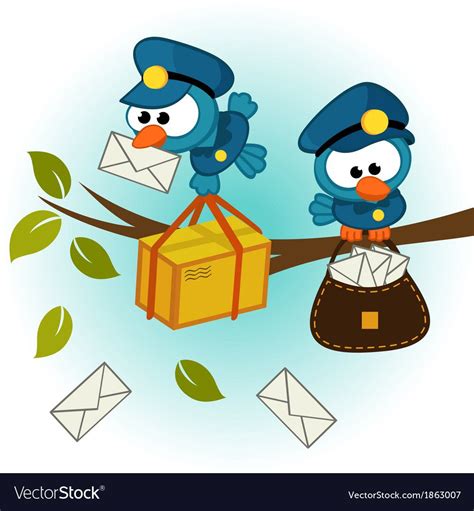 Two Blue Birds Sitting On Top Of A Tree Branch With Envelopes In Their