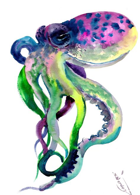 Octopus Original Painting Green Purple Octopus Artwork Painting