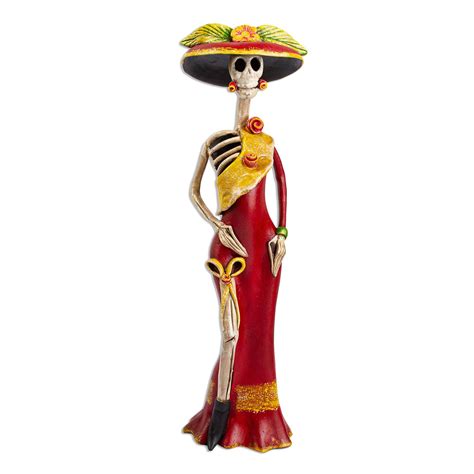 Unicef Market Red And Yellow Catrina Skeleton Ceramic Sculpture