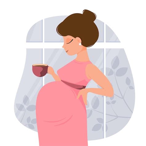 Linda Mujer Embarazada De Dibujos Animados En Vestido Sostiene Una Taza
