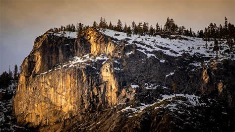 Mountain Cliff Rock Trees Snow 4k Hd Wallpaper