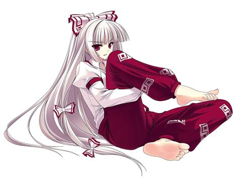 Touhou White Barefoot Fujiwara No Mokou Gray Hair Simple Backgrounds Anime Girls Anime Feet Hd