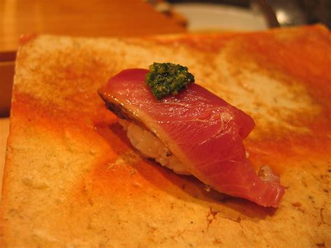 Bonito Sushi With Onion Pesto On Top Shiso Leaf Underneat Flickr