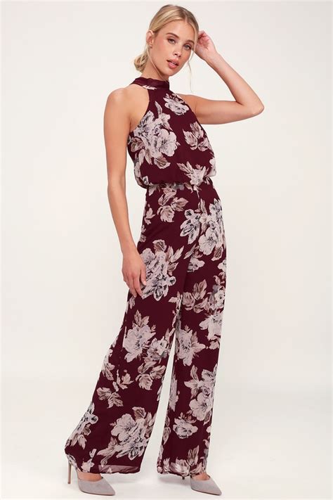 Lovely Burgundy Floral Print Jumpsuit Halter Jumpsuit Lulus