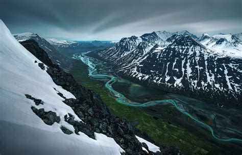 Wallpaper Pemandangan Salju Puncak Bersalju Sungai Fjord Lembah
