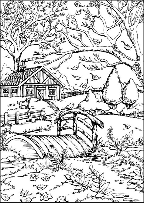 Thousands of printable coloring pages, for kids and adults! Autumn Farmstead Bridge | Fall coloring pages, Coloring ...