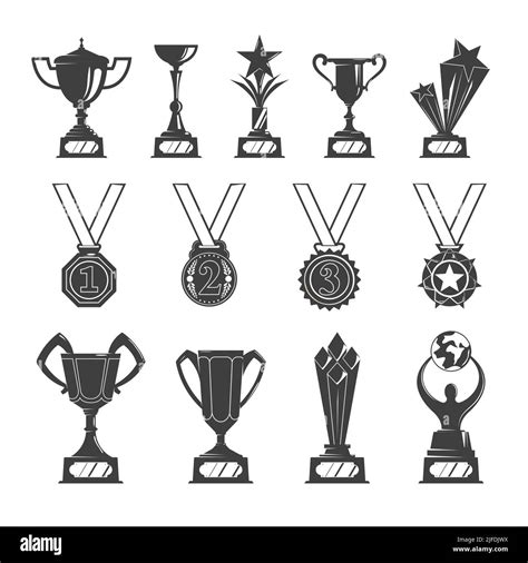 Set Of Cup Medals Reward Monochrome Icons With Isolated Images Of