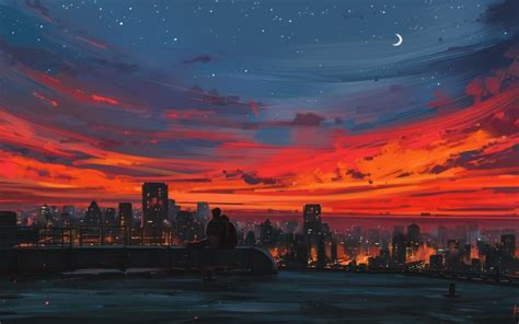 Desktop Wallpaper Sunset Cityscape Illustration Art