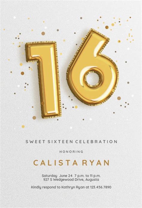 16th Foil Balloons Sweet 16 Invitation Template Free Greetings Island