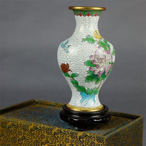Vintage Chinese Cloisonne Floral Garden Enameled Brass Vase Original