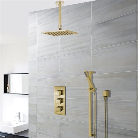 Buy Benete Square Brushed Gold Rain Shower System Faucet Set 2 Outlets