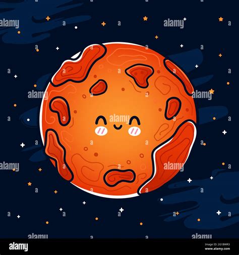 Cute Funny Happy Smile Mars Planet In Space Vector Hand Drawn Cartoon