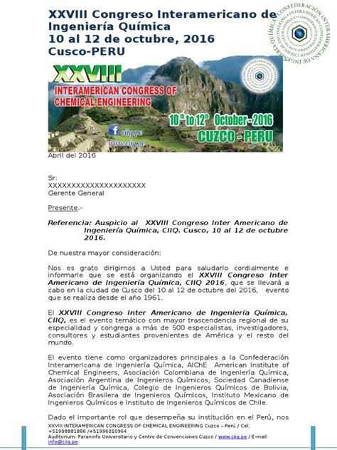 Carta De Auspicio Ciiq 2016 1 Pdf Perú Ingeniería Química