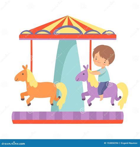 Cute Little Boy Riding At Carousel With Horses Happy Kid Having Fun In
