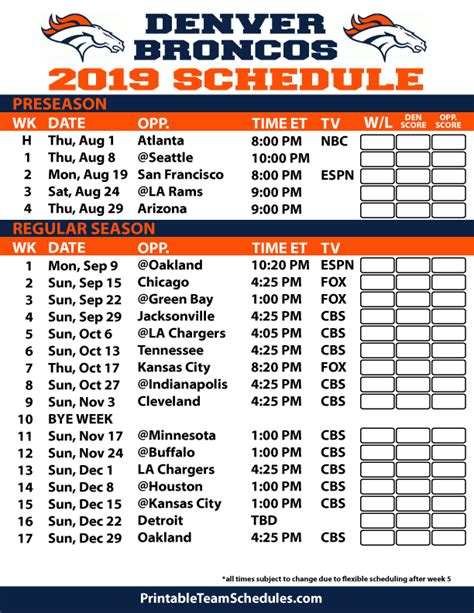 Denver Broncos Printable Schedule Printable Templates