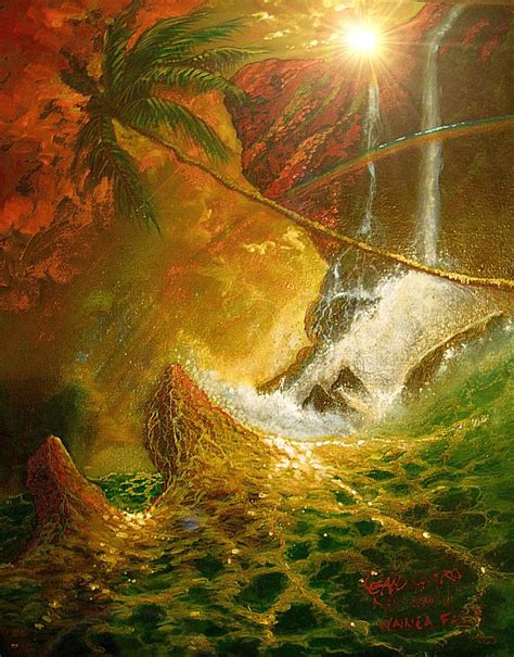Hawaii Sescape Waterfall Sunset Painting By Leland Castro Fine Art
