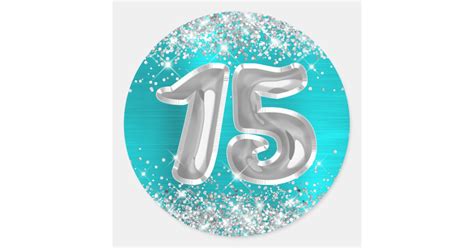 Silver Glitter Turquoise Blue Number 15 Birthday Classic Round Sticker