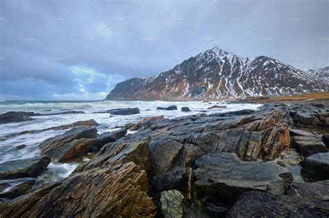 Rocky Coast Of Fjord In Norway Featuring Skagsanden Beach Flakstad