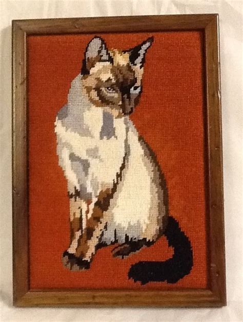 Completed Needlepoint Siamese Cat 1025x 1450 Vintage Rust Background