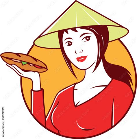 a vietnamese girl wearing traditional dress and conical hat with banh mi on her hand stock