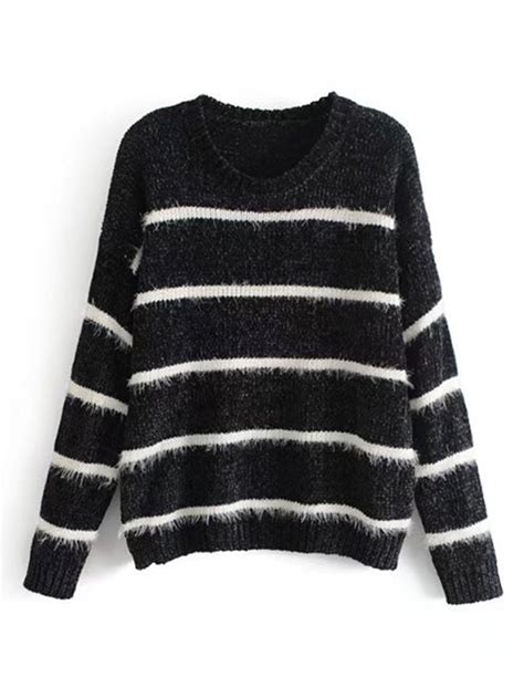 Shop Faux Fur Detail Striped Chenille Sweater Online Shein Offers Faux
