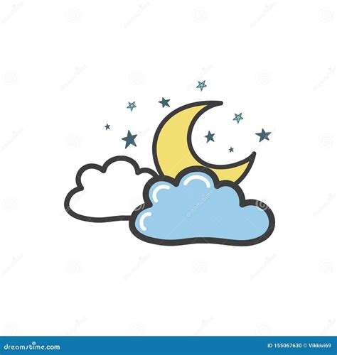Drawing Of A Yellow Moon With Clouds And Stars Vector Illustration In