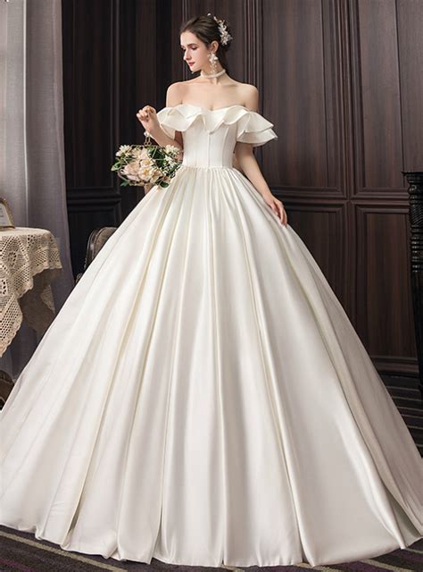 Ivory White Ball Gown Satin Off The Shoulder Puff Sleeve Wedding Dress