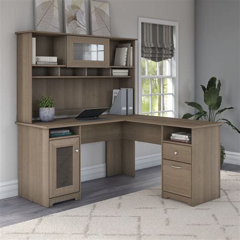 W L Shaped Computer Desk With Hutch In Ash Gray By Bush