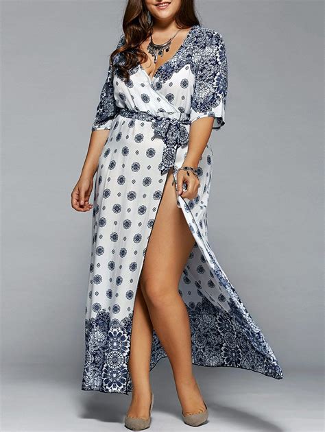 Off Plus Size Boho Print Flowy Beach Wrap Maxi Dress In White Dresslily